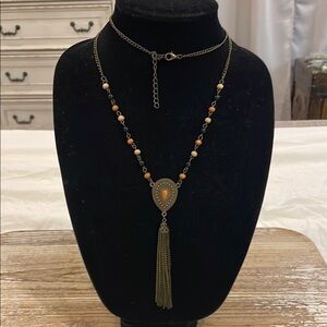 Vintage Gold Brass Tone Long Beaded Chain Tassel Statement Necklace